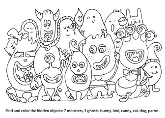 Cute Monsters with animals and ghosts. Find and coloring Hidden Objects. Puzzle game. Colouring book. Printable education worksheet. Sketch vector illustration.