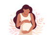 © Oksana - Happy pregnant woman holds her belly with nature and leaves background. Concept vector illustration in flat style.