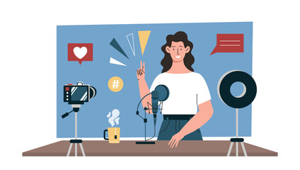 Blogger with camera. Young girl recording video for social networks. Popular personality and opinion leader, unpacking and product evaluation, famous character. Cartoon flat vector illustration