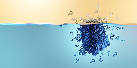 Fototapete - Floating iceberg made by infinite question marks; question and doubt concepts. Original 3d rendering