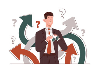 Wall Mural - Business decision concept. Man looks through binoculars, planning and setting goals. Novice businessman evaluates prospects of his company. Leadership and motivation. Cartoon flat vector illustration