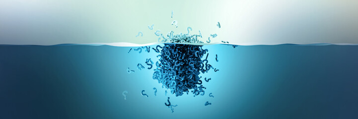 Fototapete - Floating iceberg made by infinite question marks; question and doubt concepts. Original 3d rendering