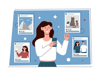 Poster - content strategy concept. girl makes plan of posts for social networks. promotion on internet, digit