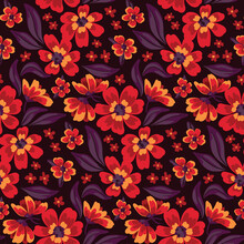 Seamless Floral Pattern In Slavic Style. Liberty Composition With Red Painting Flowers, Leaves On A Dark Background. Vector Botanical Illustration.