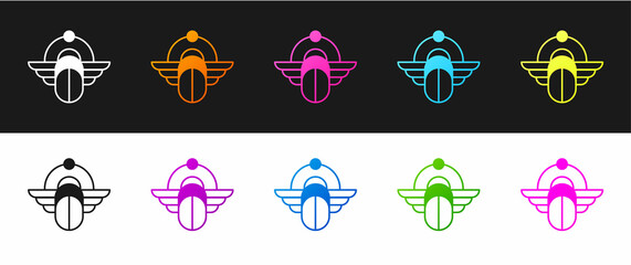 Poster - Set Egyptian Scarab icon isolated on black and white background. Winged scarab Beetle and sun. Vector