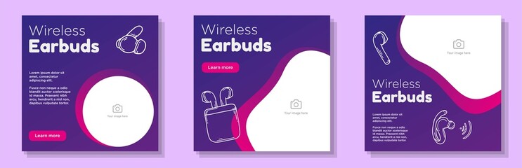 Wireless earbuds social media post, banner set, digital gadget headphone advertisement concept, pods charging case marketing square ad, abstract print, isolated