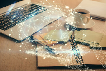 Aufkleber - Double exposure of social network drawing and desktop with coffee and items on table background. Concept of international connection.