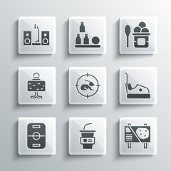 Wall Mural - Set Paper glass with water, Amusement park billboard, Bumper car, Hunt on rabbit crosshairs, Hockey table, Magic ball, Home stereo two speakers and Ice cream in bowl icon. Vector