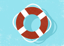 A Life Saver Ring Floating On The Water's Surface, In A Cut Paper Style With Textures

