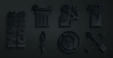 Sticker - Set Ancient Greek coin, Medusa Gorgon, Torch flame, Crossed arrows, Zeus and column icon. Vector