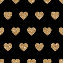 Vector Seamless Pattern With Black Hearts On Gold. Shiny Sparkling Background With Glitter