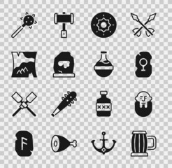 Poster - Set Wooden beer mug, Viking head, Magic rune, Shield viking, Folded map, Mace with spikes and Bottle potion icon. Vector