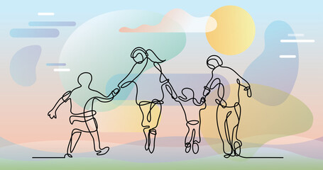 Sticker - continuous line drawing of happy family running