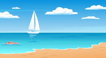 Sea Beach Landscape With White Boat Vector Illustration