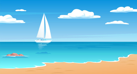 Wall Mural - Sea beach landscape with white boat vector illustration