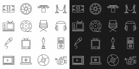 Canvas Print - Set line Cinema camera, Remote control, Headphones, Limousine car and carpet, Film reel, Retro tv, Stacks paper money cash and Director movie chair icon. Vector