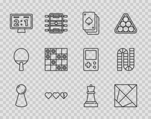 Sticker - Set line Chip for board game, Rubik cube, Playing cards, Hearts, Sport mechanical scoreboard, Board of checkers, Chess and icon. Vector