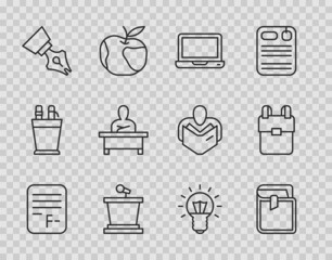 Sticker - Set line Exam paper with incorrect answers, Book, Laptop, Stage stand, Fountain pen nib, Schoolboy sitting at desk, Light bulb and backpack icon. Vector