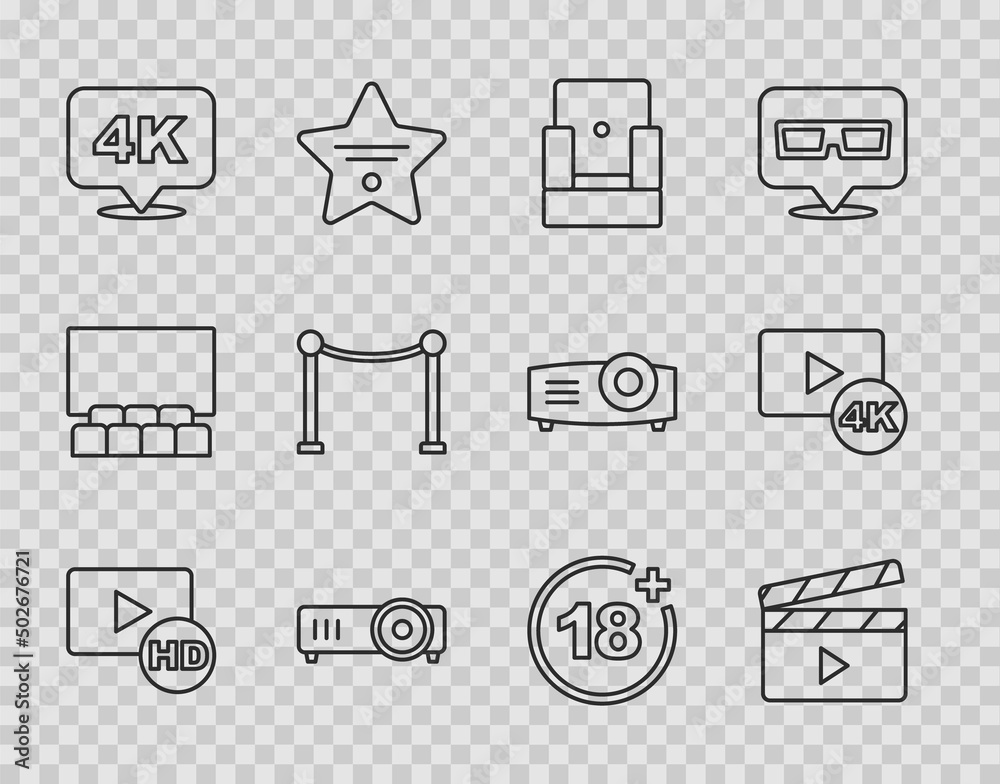Set line Hd movie, tape, frame, Movie clapper, Cinema chair, Movie ...