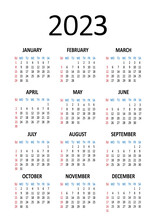 American Calendar 2023 Year. Week Starts On Sunday. Vector Illustration