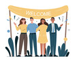 © Rudzhan - People hugging each other. Characters with welcome poster. Friendly team happy to see newcomer, good relationship in company office. Staff expansion and recruitment. Cartoon flat vector illustration