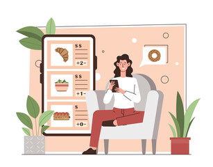 Poster - Woman ordering food. Young girl chooses products in online store. Home delivery and modern comfortable service, fast food and cafe or restaurant menu, hamburger. Cartoon flat vector illustration