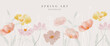 Abstract spring season floral Background. Warm tone blossom wallpaper design with wild flowers, blooms and leaves. Line art and watercolor texture perfect for banner, prints, wall art, decoration.