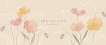 Abstract Spring Season Floral Background. Warm Tone Blossom Wallpaper Design With Wild Flowers, Blooms And Leaves. Line Art And Watercolor Texture Perfect For Banner, Prints, Wall Art, Decoration.