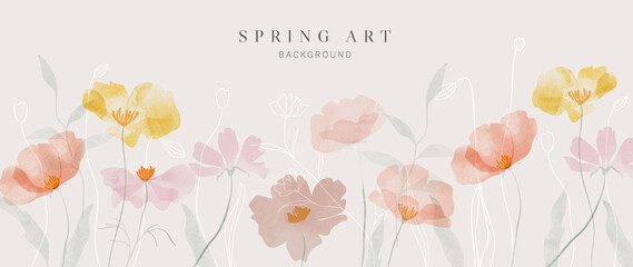 Wall Mural - Abstract spring season floral Background. Warm tone blossom wallpaper design with wild flowers, blooms and leaves. Line art and watercolor texture perfect for banner, prints, wall art, decoration.