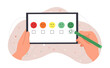 © Rudzhan - Positive evaluation concept. Hand with pencil indicates emotions from product. Consumer surveys and feedback collection. Modern technologies and marketing methods. Cartoon flat vector illustration