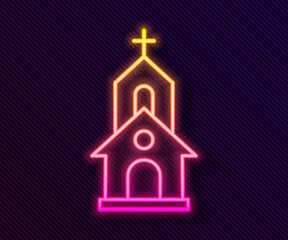 Wall Mural - Glowing neon line Church building icon isolated on black background. Christian Church. Religion of church. Vector