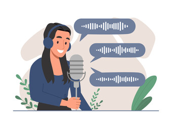 Poster - woman recording podcast. young girl with microphone creates content for internet, modern technologie