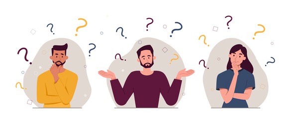 Wall Mural - People asking questions. Collection of young guys and girls who cant solve problem. Problems and uncertainty, indecision, mental impasse. Cartoon flat vector illustrations isolated on white background