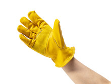 Male Hand Wearing Yellow Leather Glove On White Background