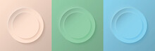 Set Of Abstract 3d Beige, Light Green And Light Blue Pastel Color Circle Frame Design For Cosmetic Product. Collection Of Trendy Color Geometric Background With Copy Space. Vector EPS10