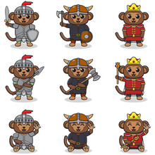 Vector Illustrations Of Monkey Characters In Various Medieval Outfits. King, Viking And Knight Costume. Vector Illustration Bundle