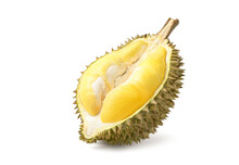 Durian Fruit Cut In Half  Isolated On White Background. Clipping Path.