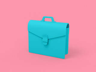 Blue single color briefcase on pink monochrome background. Minimalistic design object. 3d rendering icon ui ux interface element.