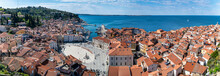 Panoramic View Over Piran, Slovenia From Tower Of St. George Church With Tartini Square In The Center