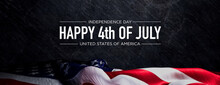 American Flag Banner With Independence Day Caption On Black Rock. Premium Holiday Background.