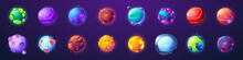 Alien Planets, Cartoon Fantastic Asteroids, Galaxy Ui Game Cosmic World Objects, Space Design Elements. Pimpled Spheres, Comets, Moon With Craters, Glow Plasma And Lava, Vector Illustration, Icons Set