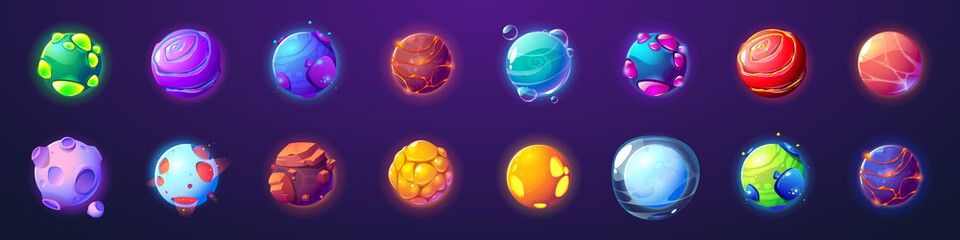 Poster - alien planets, cartoon fantastic asteroids, galaxy ui game cosmic world objects, space design elemen