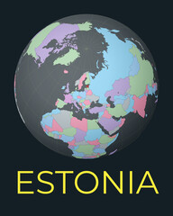 Sticker - World map centered to Estonia. Red country highlighted. Satellite world view centered to country with name. Vector Illustration.