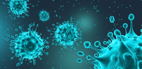 Wall Mural - Microscopic view of infectious SARS-CoV-2 Omicron virus cells. Coronavirus disease COVID-19 outbreak. 3D rendering