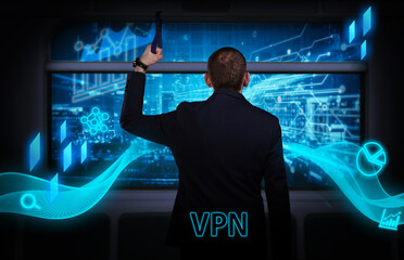 Wall Mural - Business, technology, internet and network concept. Young businessman thinks over the steps for successful growth: VPN