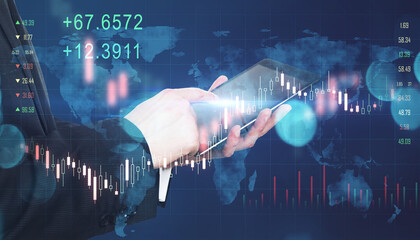 Aufkleber - Global investing trading concept with businessman hand using digital tablet and virtual interface screen with forex chart indicators, candlesticks, and world map.