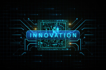 Poster - Virtual idea concept with bright glowing innovation sign over digital microchip symbol on abstract dark background. 3D rendering