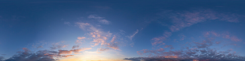 Wall Mural - dark blue twilight sky panorama with cumulus clouds. seamless hdr 360 panorama in spherical equiangu