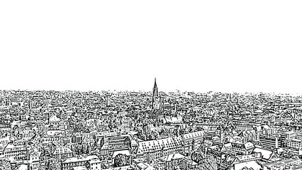 Strasbourg, France. The historical part of the city, Strasbourg Cathedral. Doodle sketch style. Aerial view