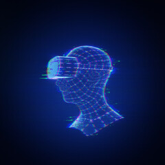 side view 3d blue wireframe virtual human head wear vr headset with glitch digital effect. 3d illust